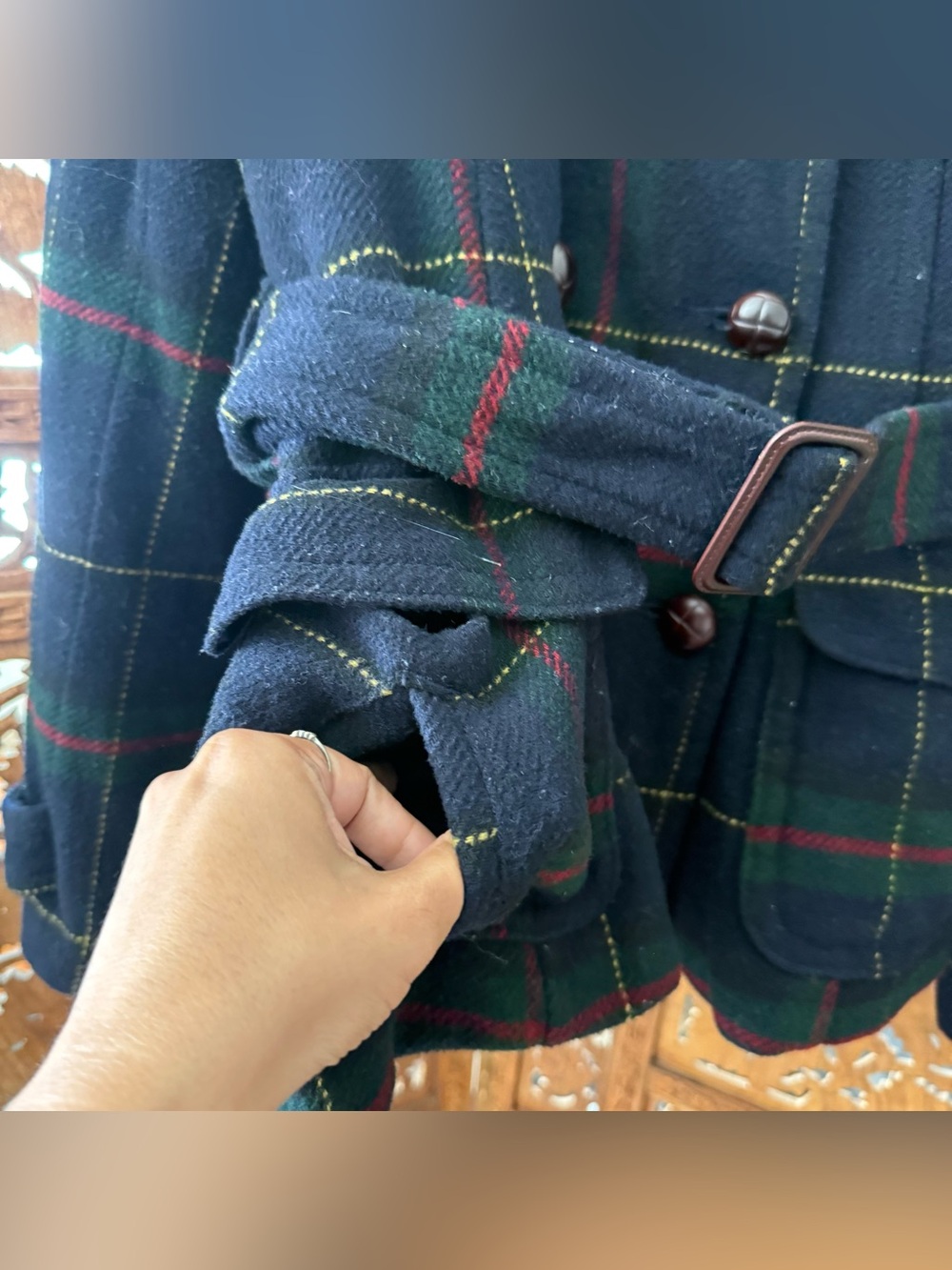 American Eagle Y2K Plaid Belted Wool Peacoat. Navy Green Red - Picture 6 of 9